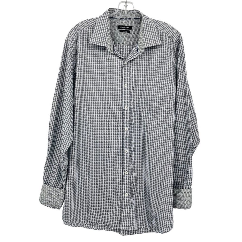 Bugatchi Men's Classic Fit Dress Shirt Size XL Contrasting Cuff Gray Pattern